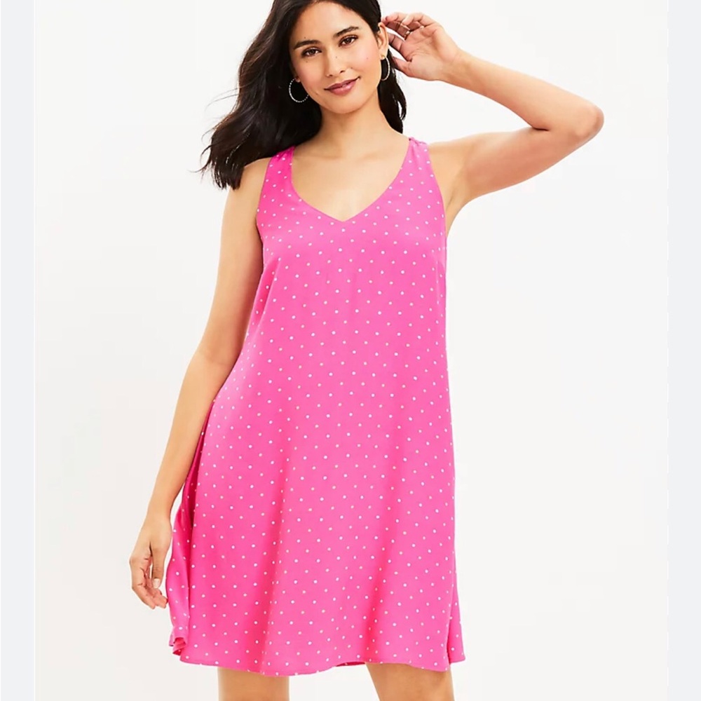 Loft Dotted Criss Cross Back Swing Dress Pink White Size XS